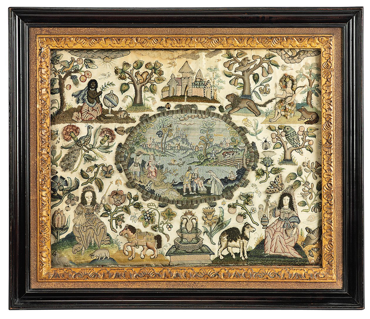 Et Charles II håndarbeidsbilde av Afrika og den nye verden, ca. 1660-70 av English School