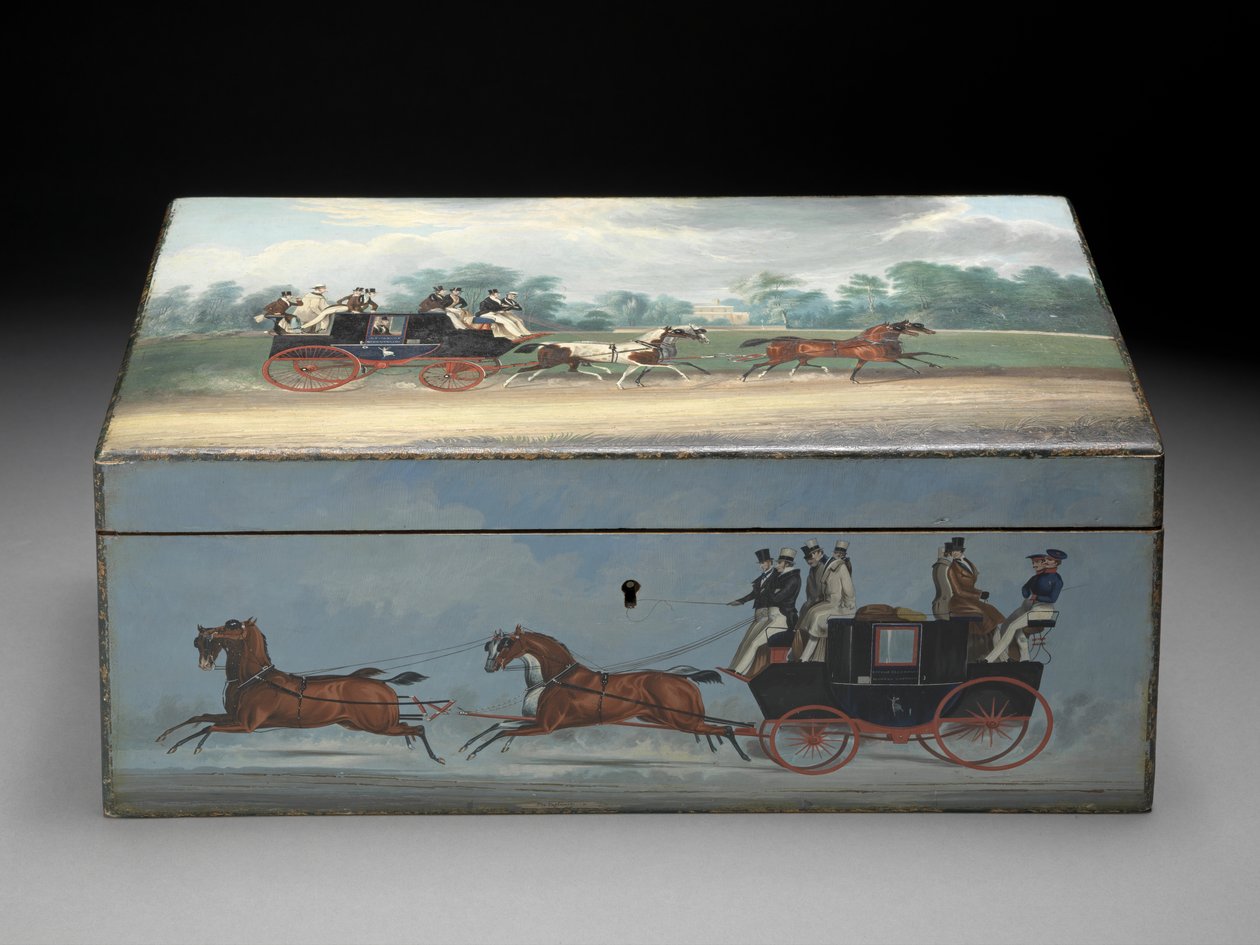 En sigarboks malt med scener fra Taglioni-trykk, ca. 1840 (olje på fruktved) (se 285536 for bakfra) av English School