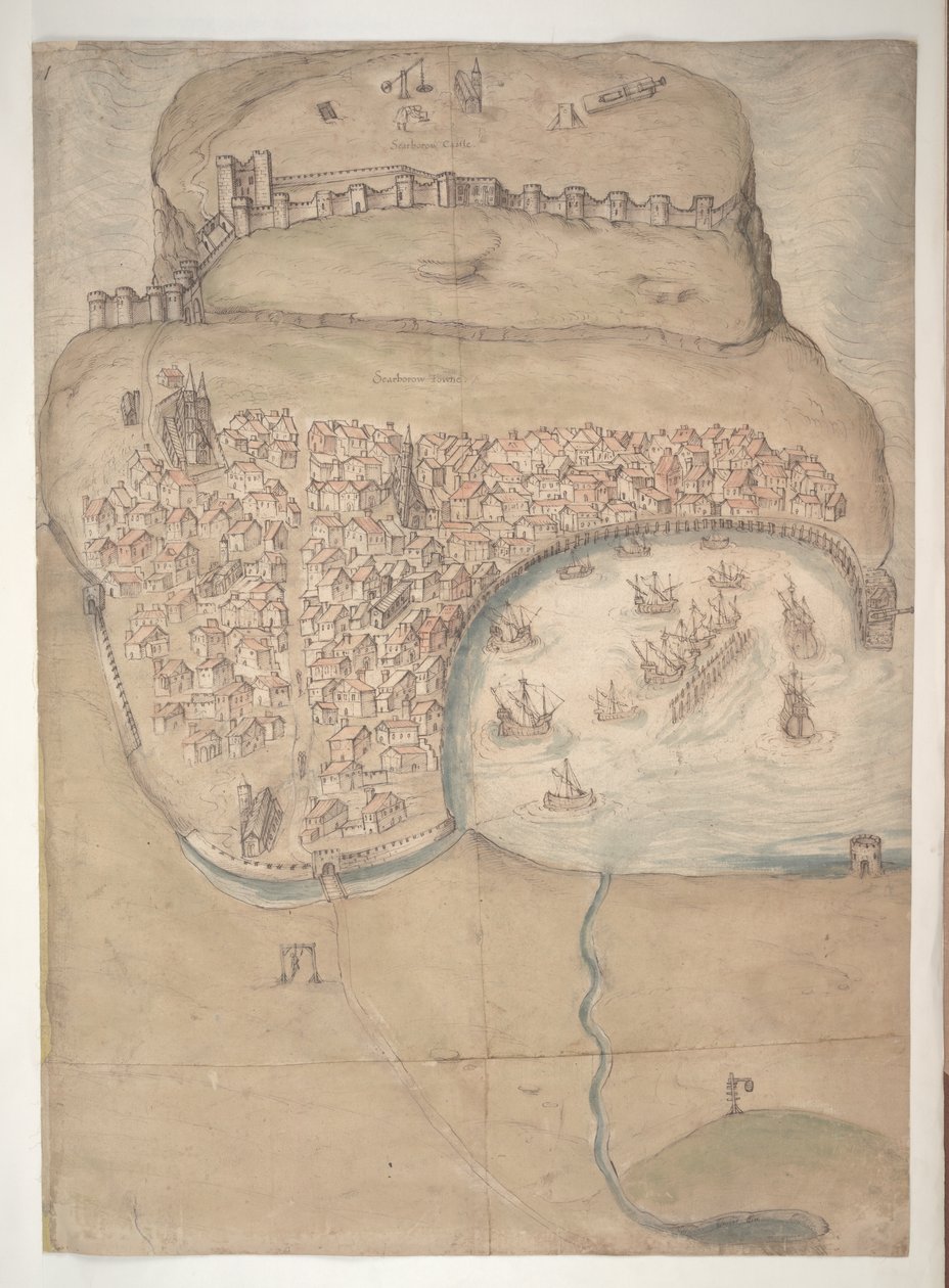En farget plan eller fugleperspektiv av Scarborough Town og Castle av English School