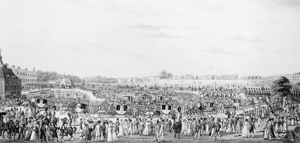 En korrekt representasjon av selskapet som går til og vender tilbake fra hans Majestets sal ved Buckingham Palace, utgitt av G, Humphrey, 25. mai 1822 av English School