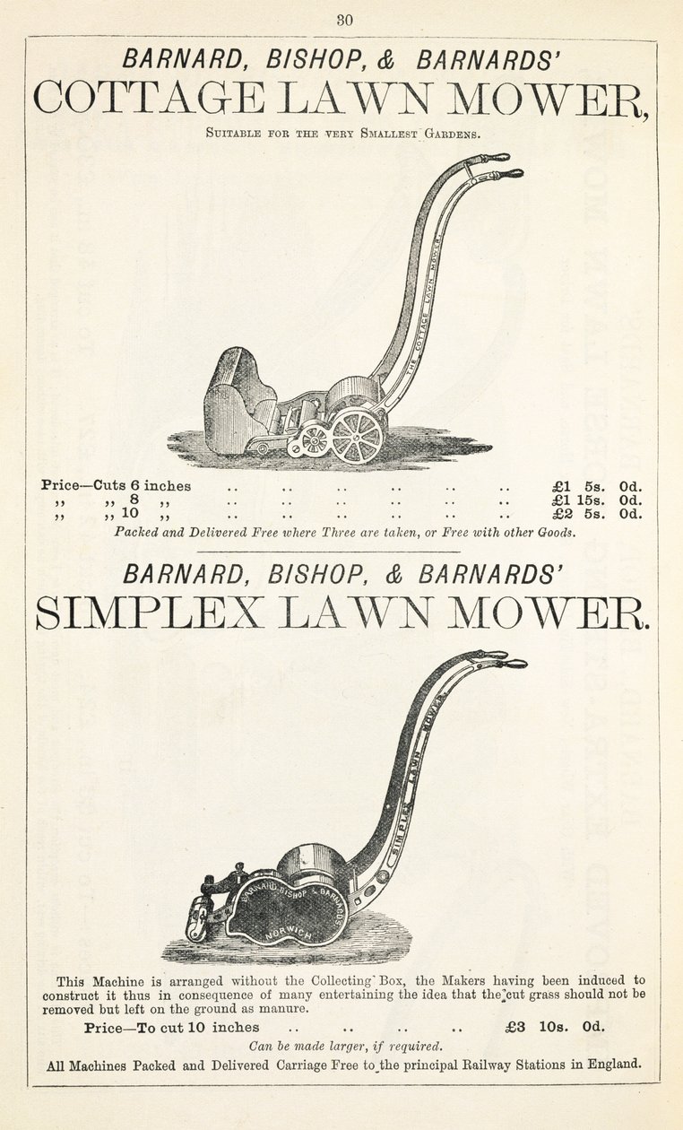 A Cottage and Simplex gressklipper, illustrasjon fra en hagekatalog, utgitt av Barnard Bishop & Barnard, 1878 av English School