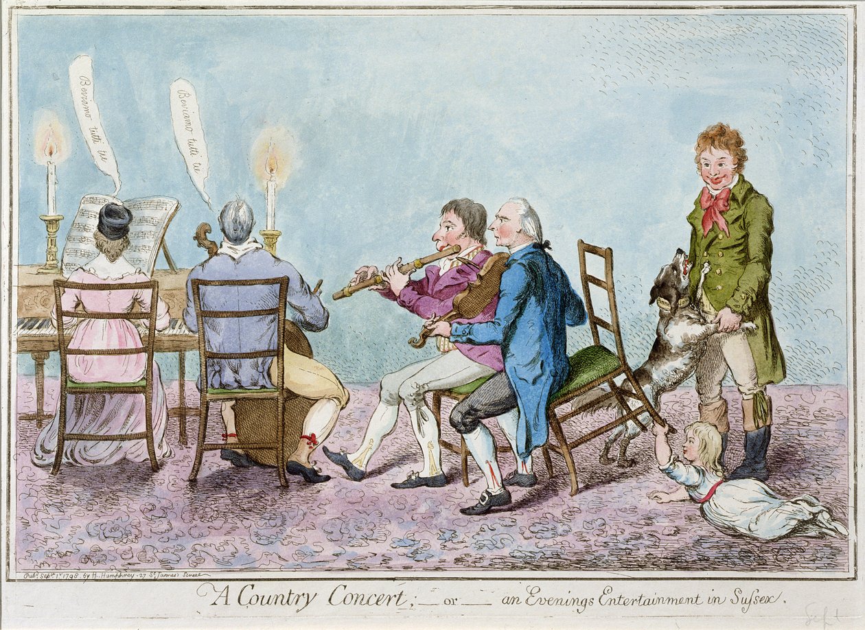 A Country Concert, or an Evenings Entertainment in Sussex, utgitt av Hannah Humphrey i 1798 (håndfarget etsning) av English School
