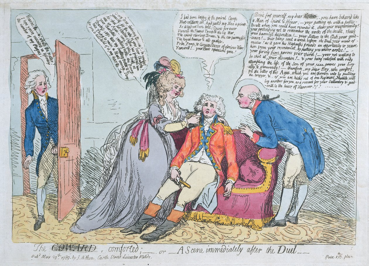En feig trøstet, eller en scene umiddelbart etter duellen, utgitt av J. Aitken i 1789 (håndfarget etsning) av English School