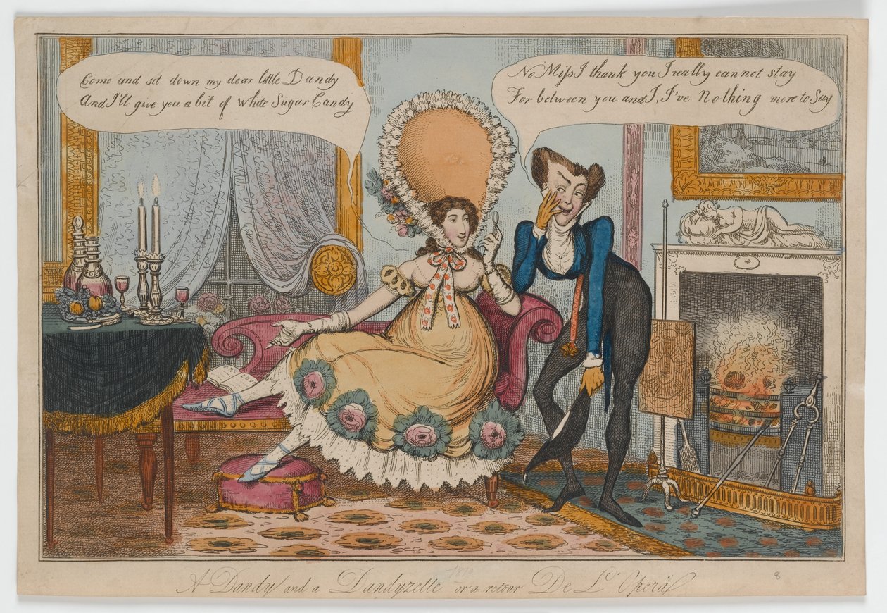 En Dandy and a Dandyzette eller en retour De LOpera, ca. 1820 (håndfarget gravering) av English School