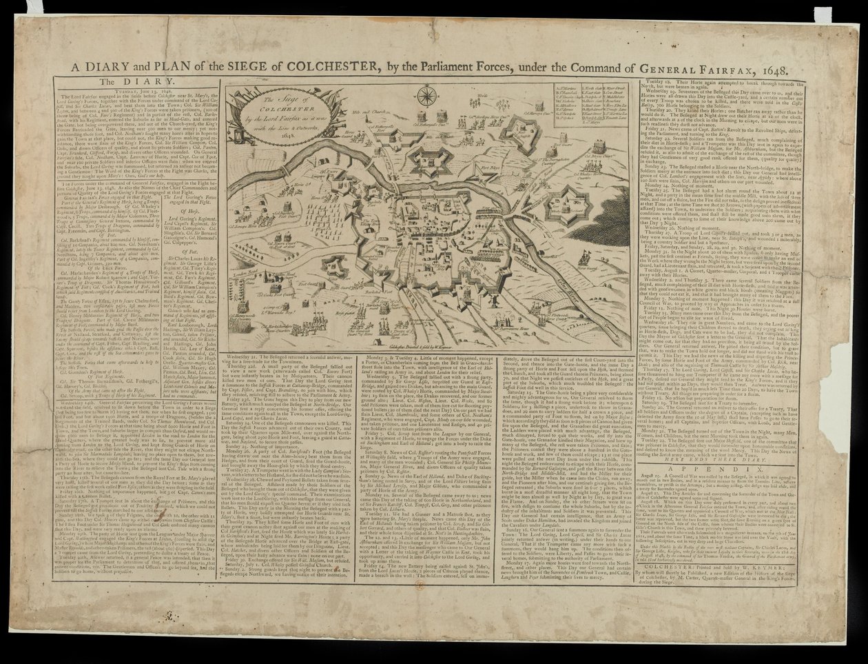 A Diary and Pictorial Plan of the Siege of Colchester 1648, trykt og solgt av W. Keymer, 1648 av English School