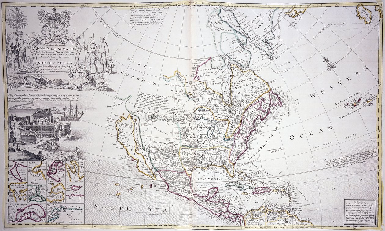 Et dobbeltsidig kart over Nord-Amerika, ca. 1708-20 av English School