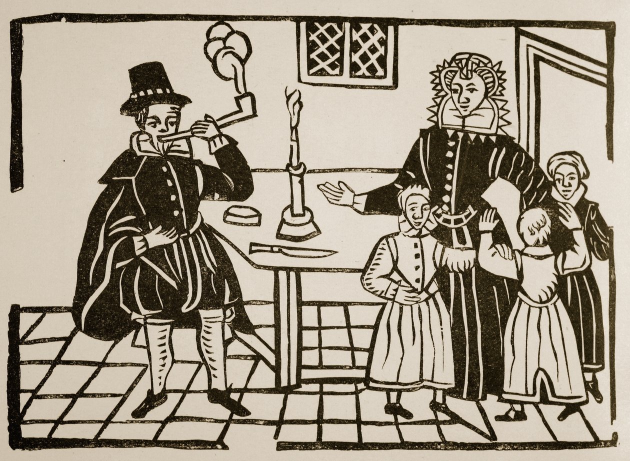 En familiegruppe, tidlig på 1600-tallet (sepia-bilde) av English School