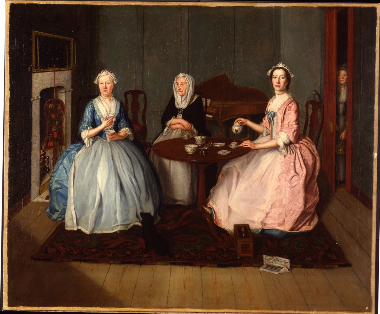 En familie i et indre som tar te, ca. 1740 av English School