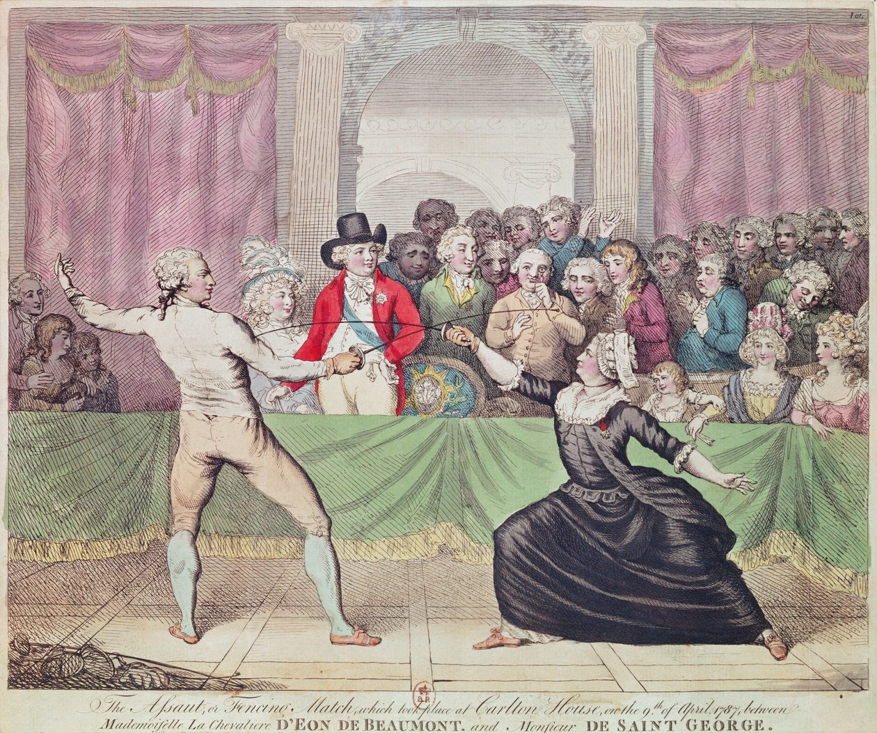 En fekteduell ved Carlton House i nærvær av prinsregenten mellom Chevalier d"Eon, kledd som en kvinne og Monsieur de Saint-Georges, 1787 av English School