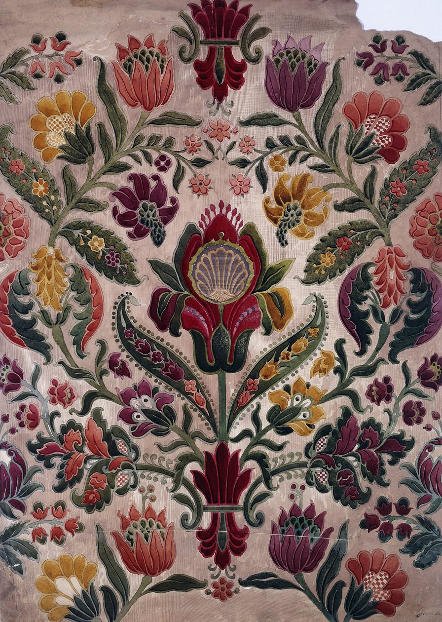 En tegneserie i full farge av billedvev, silke eller tapet, ca. 1830-40 av English School