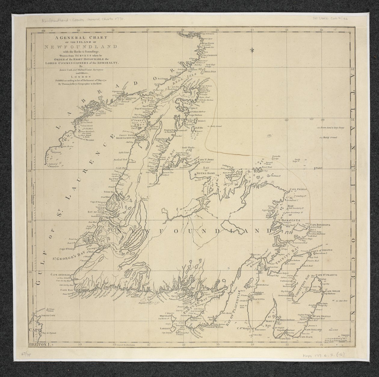 Et generelt diagram over øya Newfoundland med bergarter og sonderinger, tegnet fra undersøkelser tatt ... Av James Cook og Michael Lane av English School