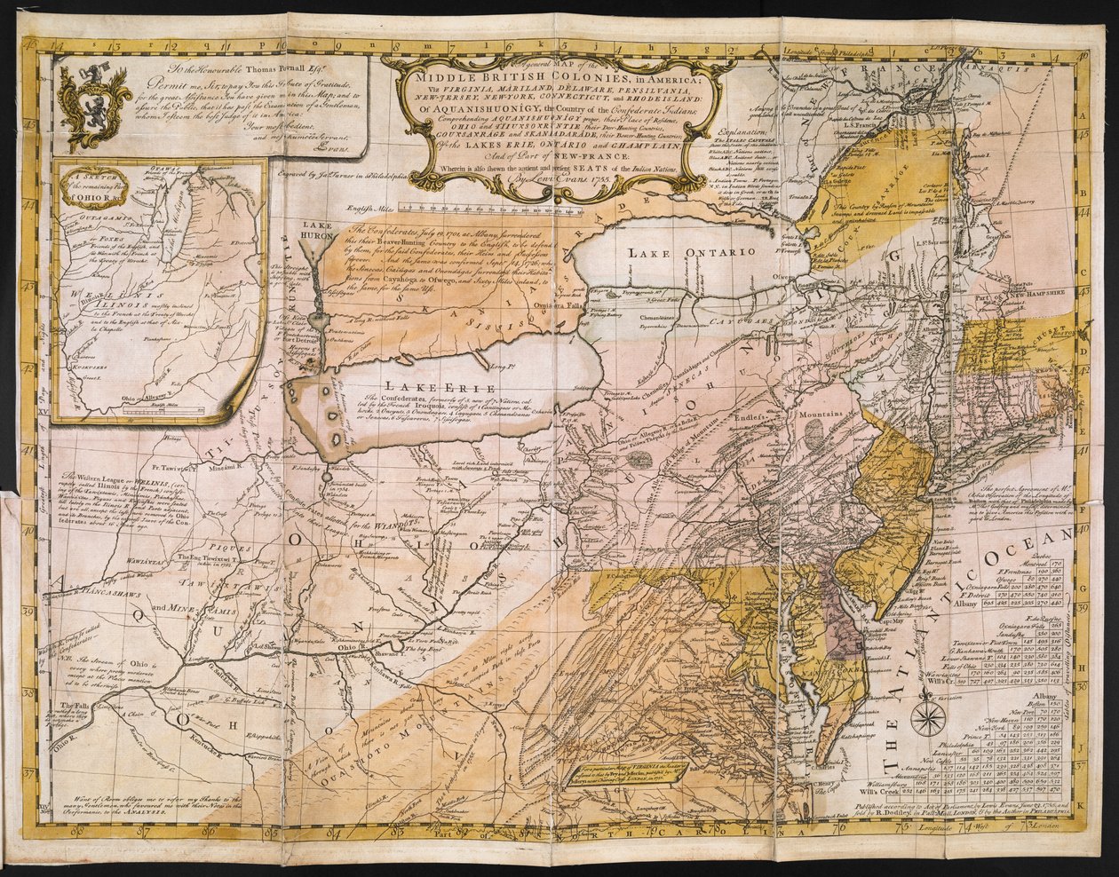 A General Map of the Middle British Colonies in America; viz. Virginia, Mariland, Delaware, Pensilvania, New-Jersey, New-York, Connecticut, and Rhode Island: of Aquanishuonîgy, the Country of the Confederate Indians . . . Of the Lakes Erie, Ontario and Ch av English School