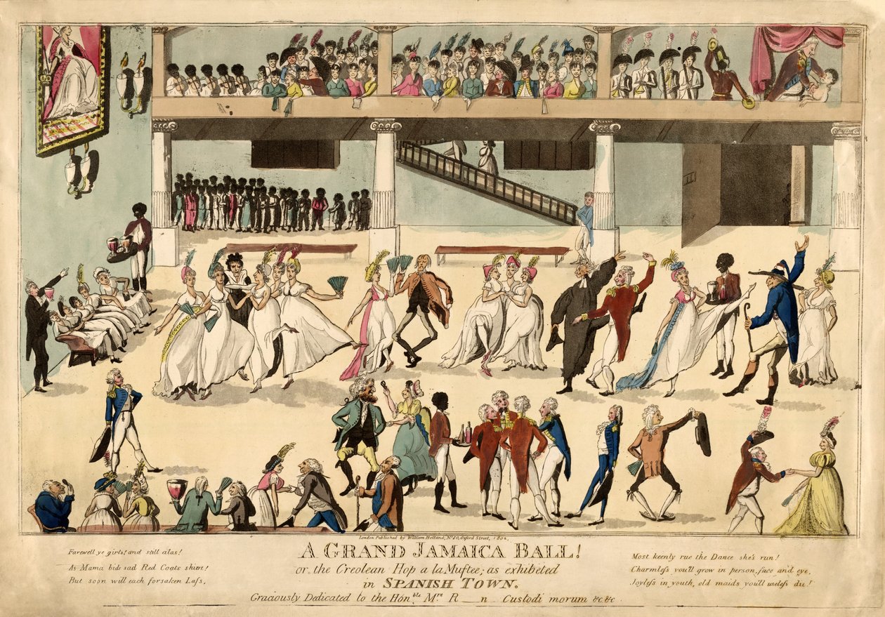 En Grand Jamaica Ball eller Creole Hop a la Muftee i Spanish Town, pub. 1802 (håndfarget gravering) av English School