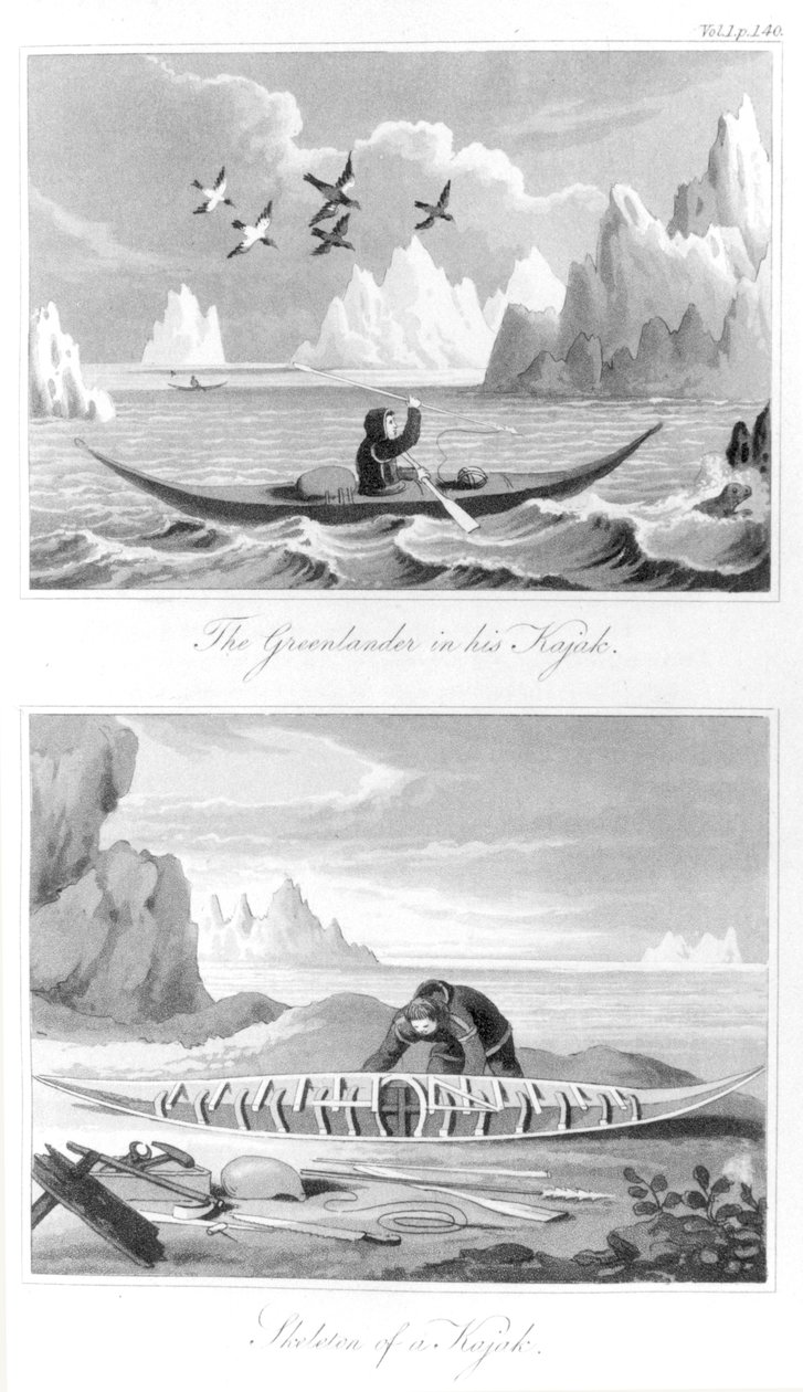 En grønlander og kajakken hans, fra History of Greenland av David Crantz, 1820 av English School