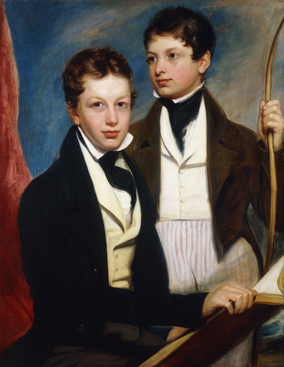 Et gruppeportrett av Musgrave Morris Boys, den ene sittende halvlengs i en mørk jakke, holder en bok, den andre står trekvart i en mørk jakke, holder en sløyfe, ca. 1830 av English School