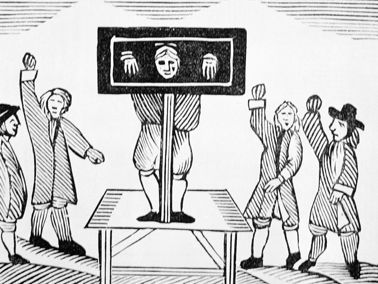A Guilty Man in the Village Pillory, kopi av en illustrasjon fra 1500-tallet, fra en samling kapittelbøker om esoterica av English School