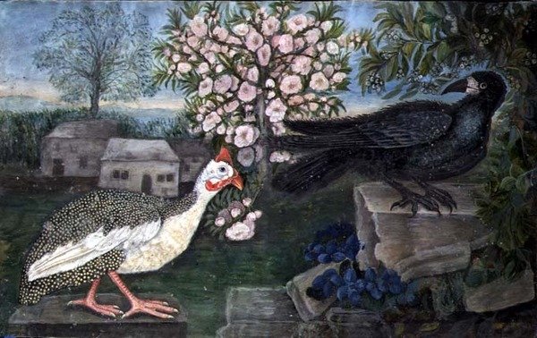 A Guinea Fowl and a Rook in a Landscape, ca. 1800 (akvarell, gouache på papir) av English School