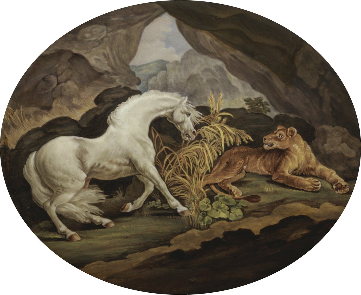 En hest skremt av en løvinne etter George Stubbs (1724-1806) (emaljeplakett) av English School