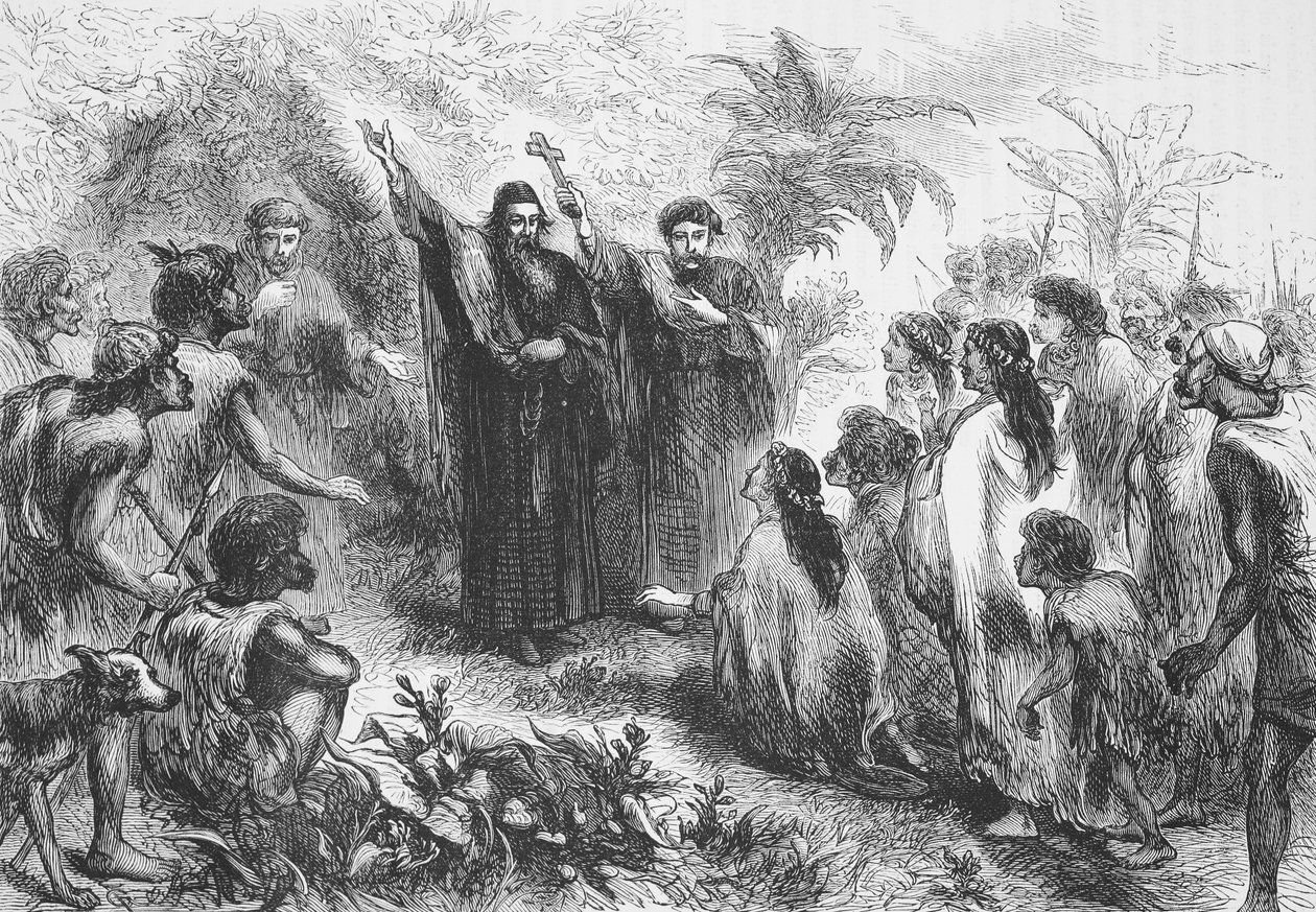 En jesuittmisjonær som forkynner for en indianerstamme, illustrasjon fra The History of Protestantism av James Aitken Wylie (1808-1890), pub. 1878 av English School