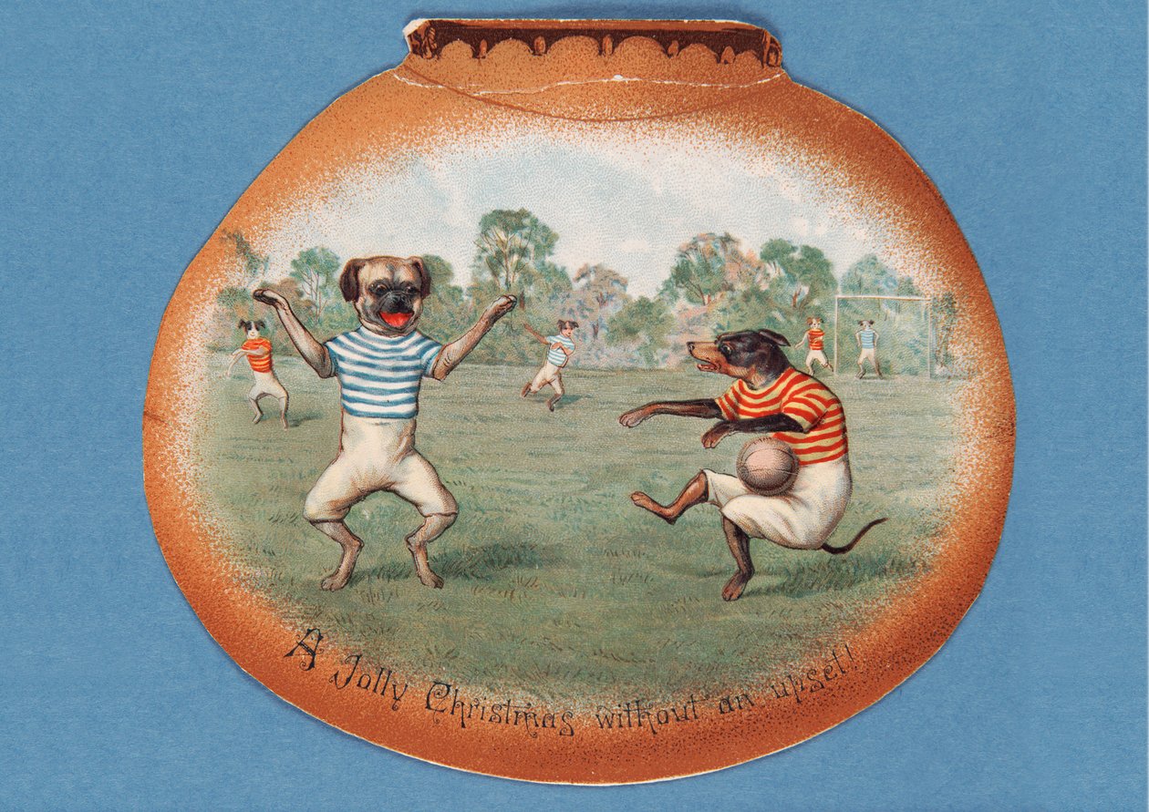 A Jolly Christmas Without an Upset!, julekort som viser en fotballkamp mellom hunder, ca. 1890-tallet av English School
