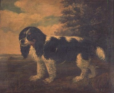 En King Charles Spaniel i et landskap av English School