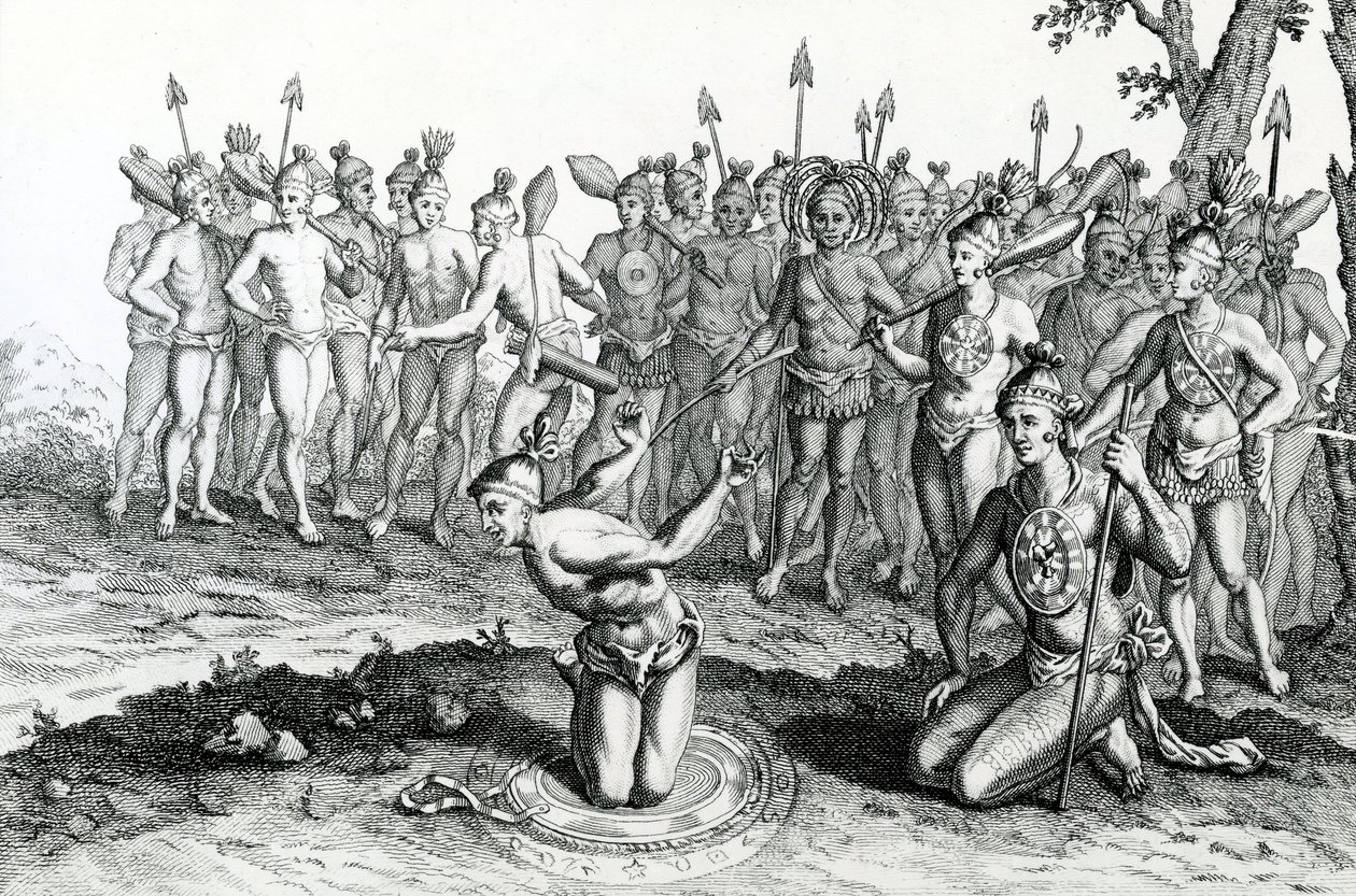 En konge av Florida konsulterte tryllekunstneren sin før han dro til Battle, illustrasjon hentet fra Moores Voyages and Travels, 1778 av English School