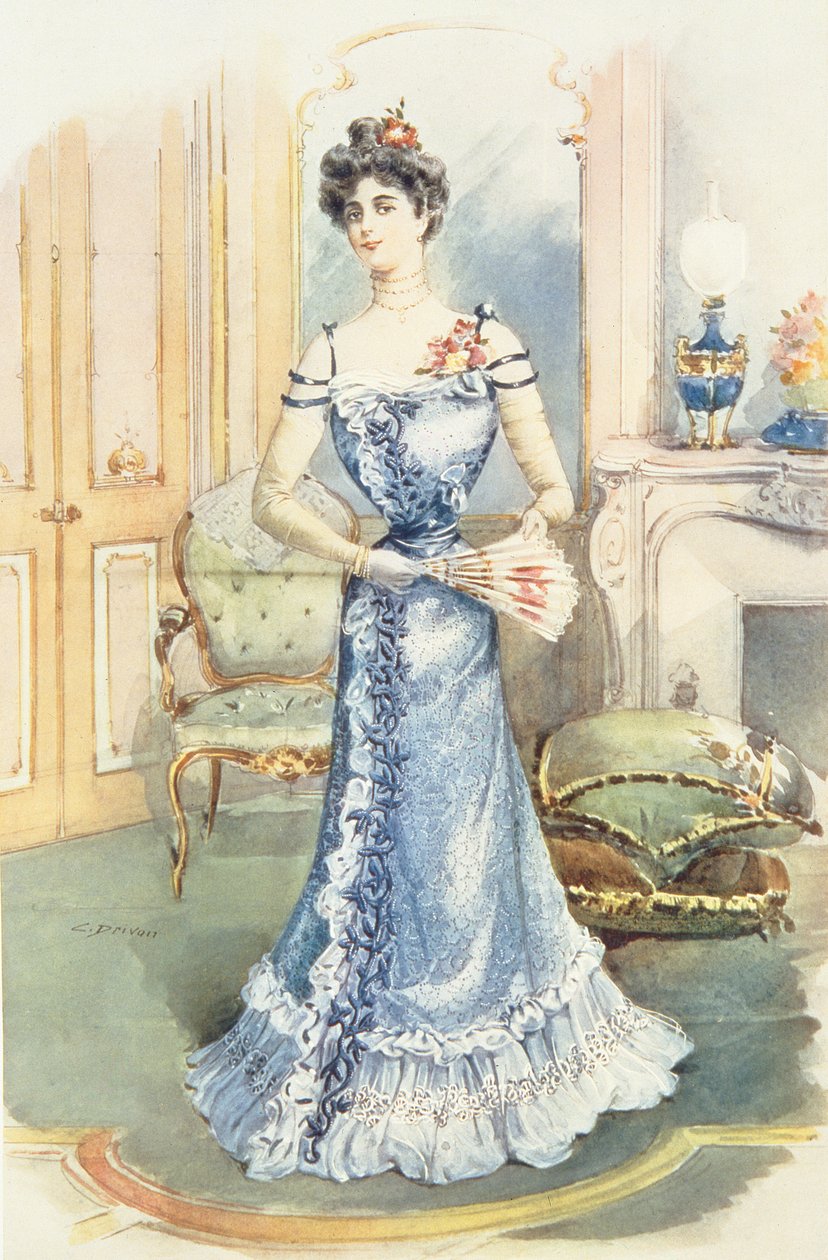 A Lady in her Sitting Room, magasinillustrasjon av C.Drivan av English School