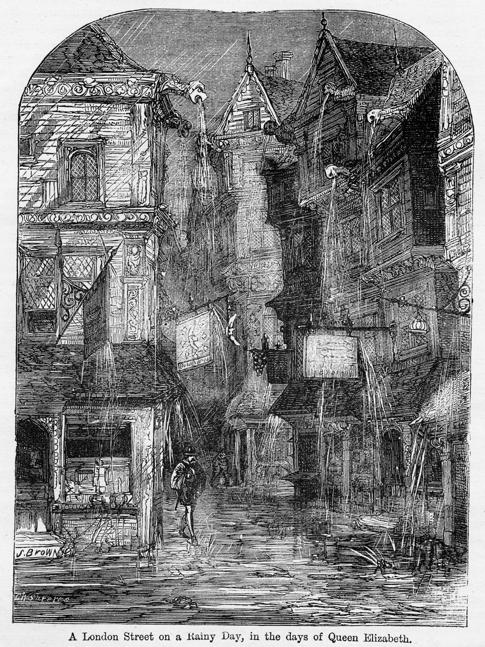 A London Street on a Rainy Day, in the days of Queen Elizabeth, illustrasjon fra 'Cassell's Illustrated History of England' av John Cassell, utgitt 1857 av English School