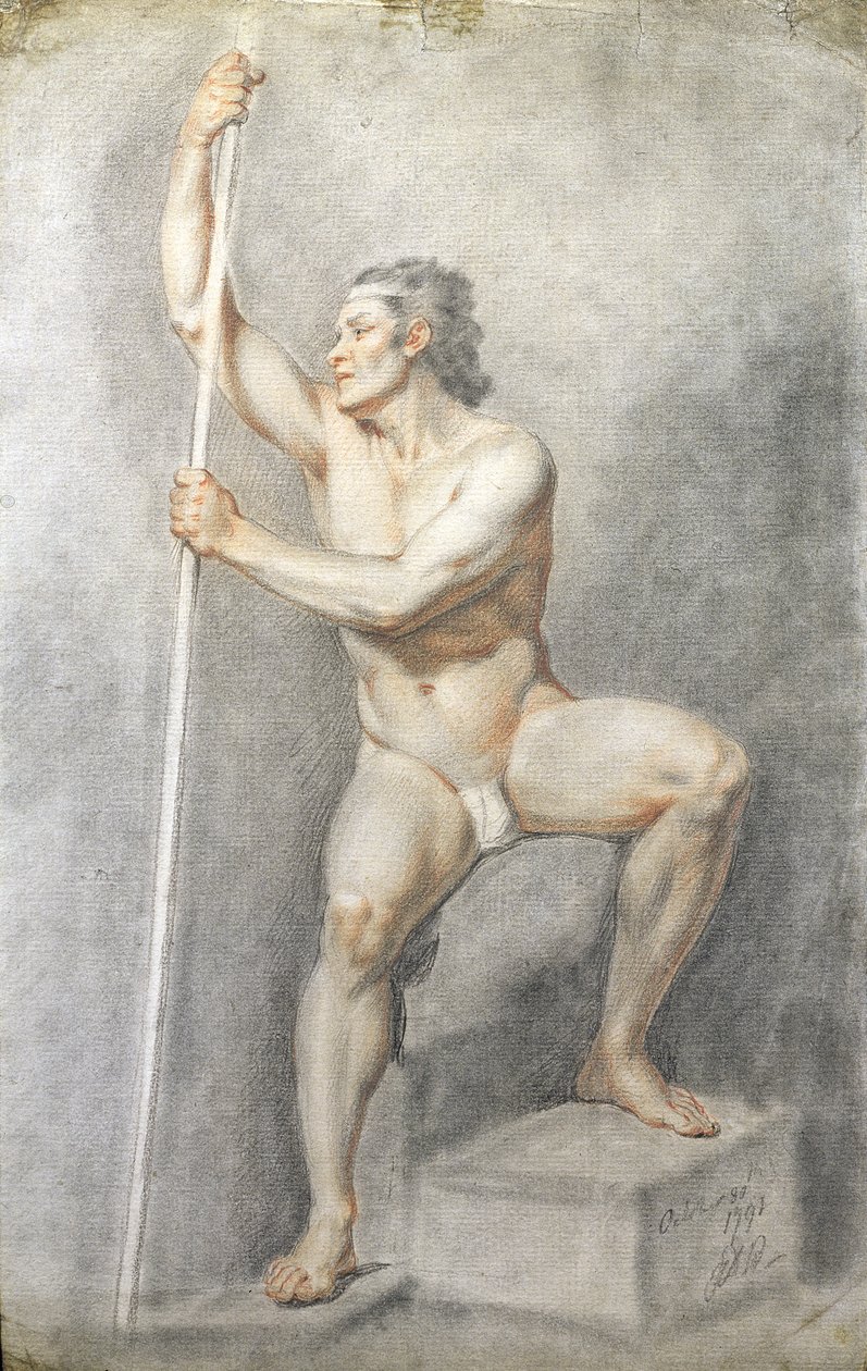 En naken mann som holder en stav, ca. 1770 (farget kritt på papir) av English School