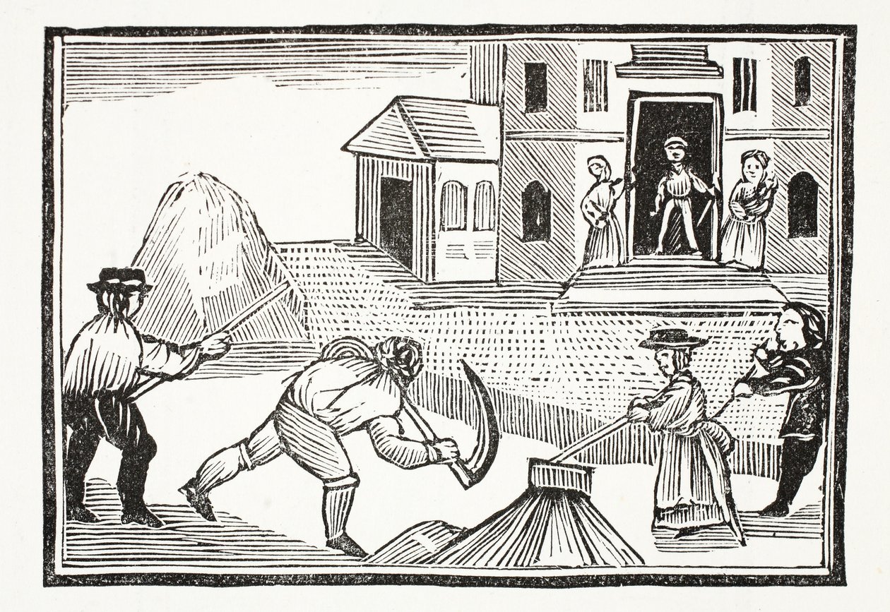 En mann som klipper gress med en ljå, som tok alt før seg, illustrasjon fra Chap-books of the Eighteenth Century av John Ashton, pub. 1882 av English School