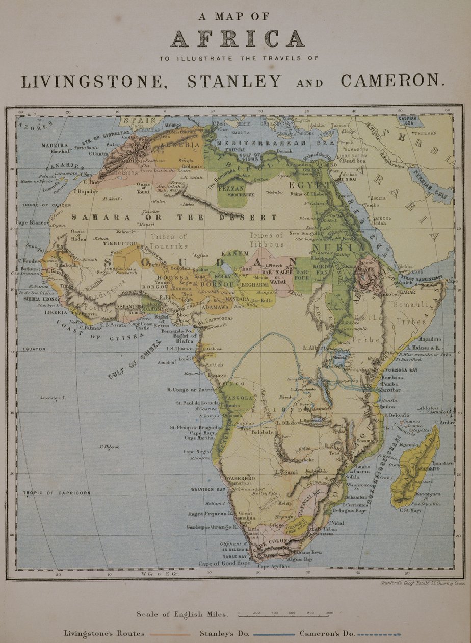 Et kart over Afrika for å illustrere reisene til David Livingstone (1813–73), Henry Morton Stanley (1841–1904) og Verney Lovett Cameron (1844–94) av English School