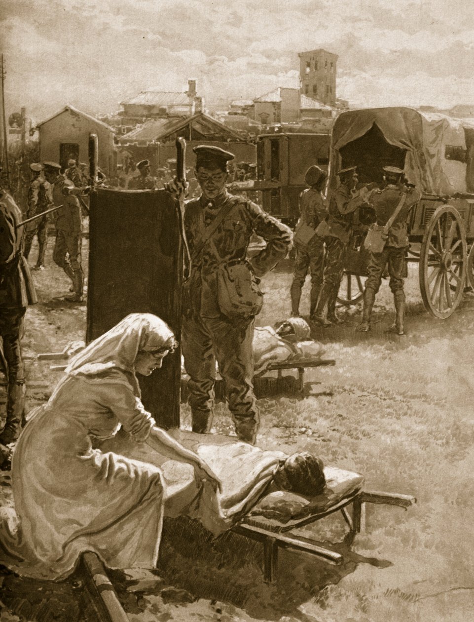 En medisinsk stasjon som håndterer sårede soldater, 1914-19 av English School