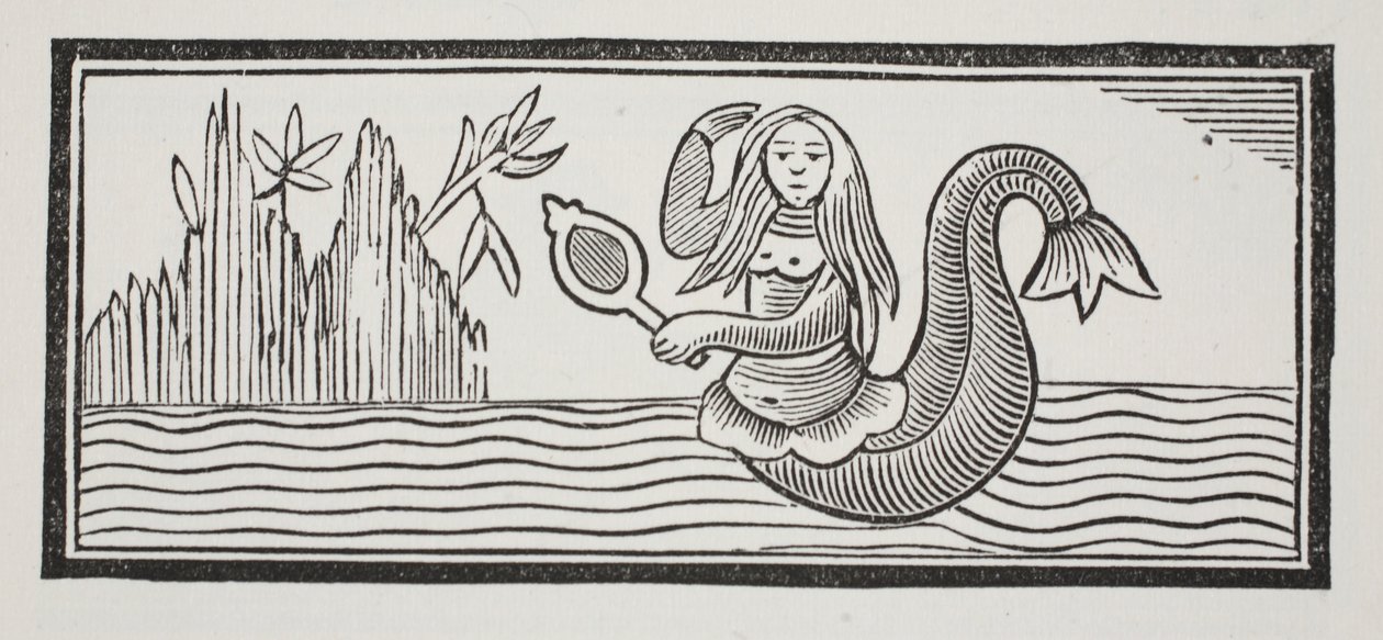 En havfrue, som signaliserer ødeleggelse til sjøfolk, illustrasjon fra Chap-books of the Eighteenth Century av John Ashton, pub. 1882 av English School