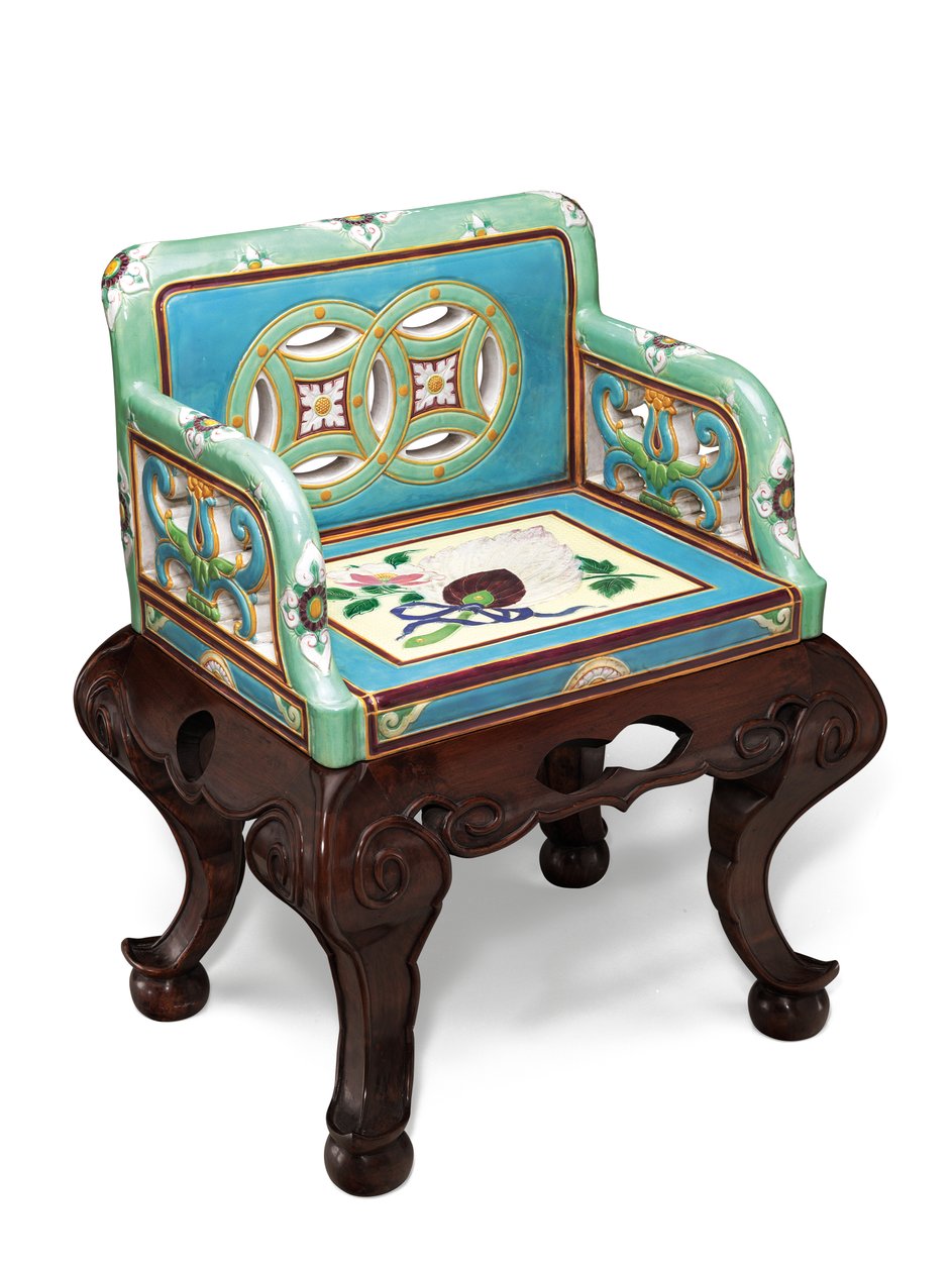 En Minton majolica estetisk bevegelse turkis og sjøskumgrønn bakken lenestol, ca. 1865 av English School