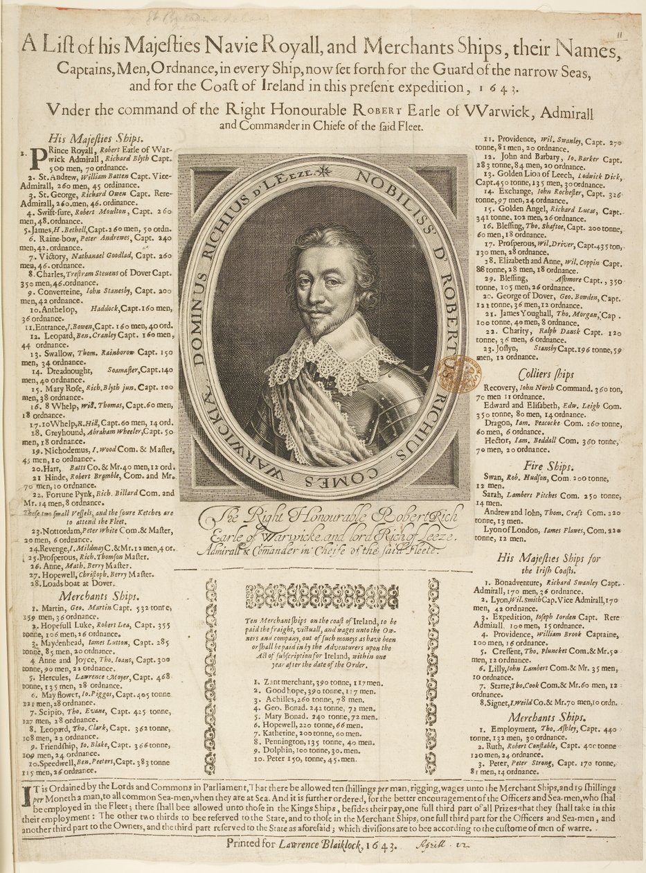 En marinefraktliste med portrett av jarlen av Warwick av English School
