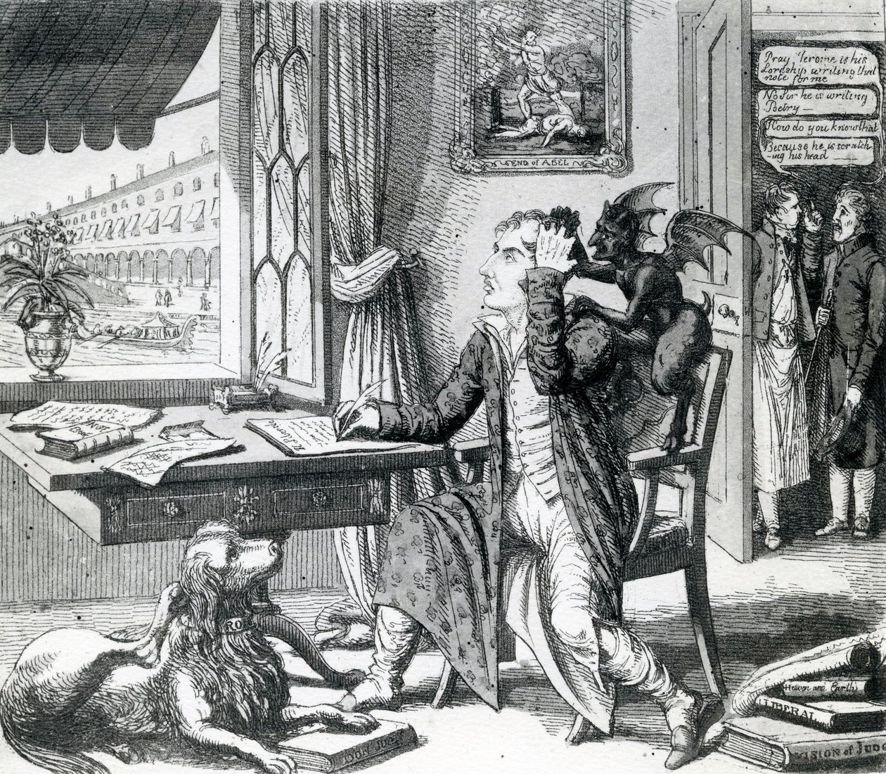 A Noble Poet - Scratching up his Ideas, utgitt av J. Johnston, 1823 av English School