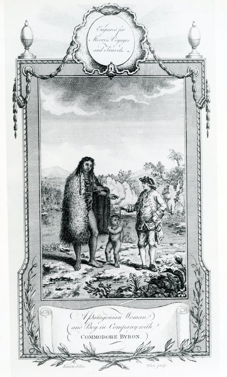 En patagonisk kvinne og gutt i selskap med Commodore Byron, illustrasjon hentet fra Moores Voyages and Travels, 1778 av English School