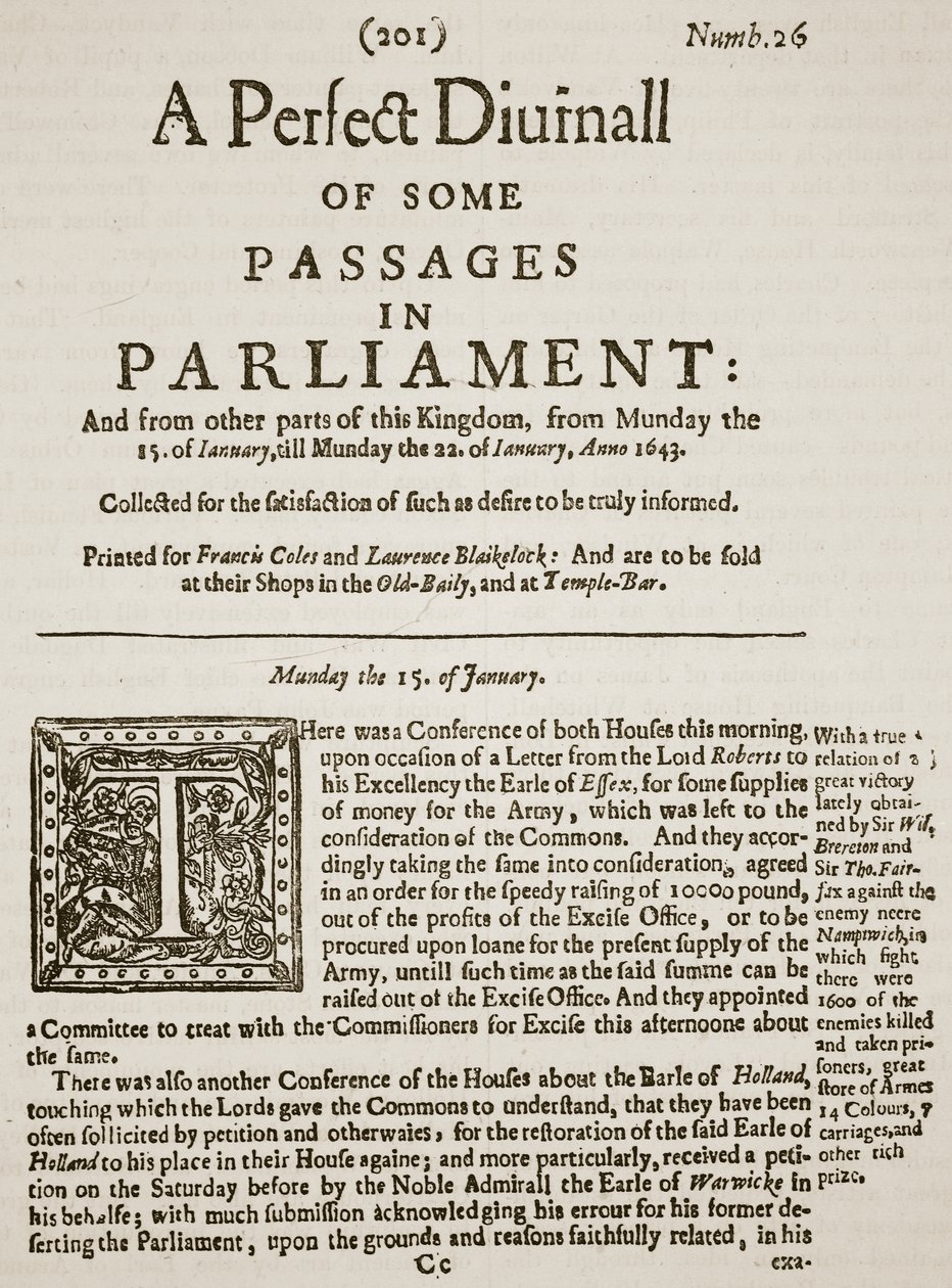 A Perfect Diurnall, faksimile av forsiden av utgave 26, 1643, illustrasjon fra Cassells Illustrated History of England (sepiafoto) av English School