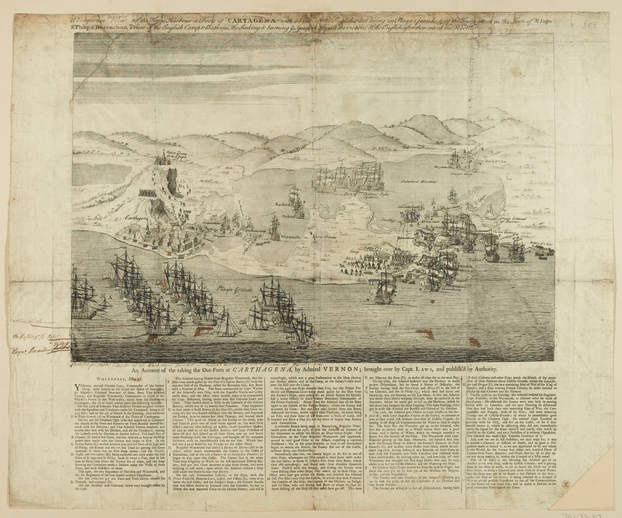 A Perspective Draft of Town, Harbor and Forts of Carthagena i 1739, publisert 1741 (linjegravering) av English School