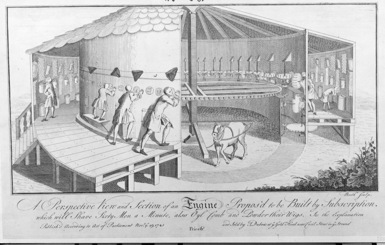 Et perspektivbilde og utsnitt av en motor som foreslås bygget med abonnement som vil barbere Sixty Men a Minute, også Oyl-kam og Powder their Wigs, utgitt av J. Dubois, 1745 av English School