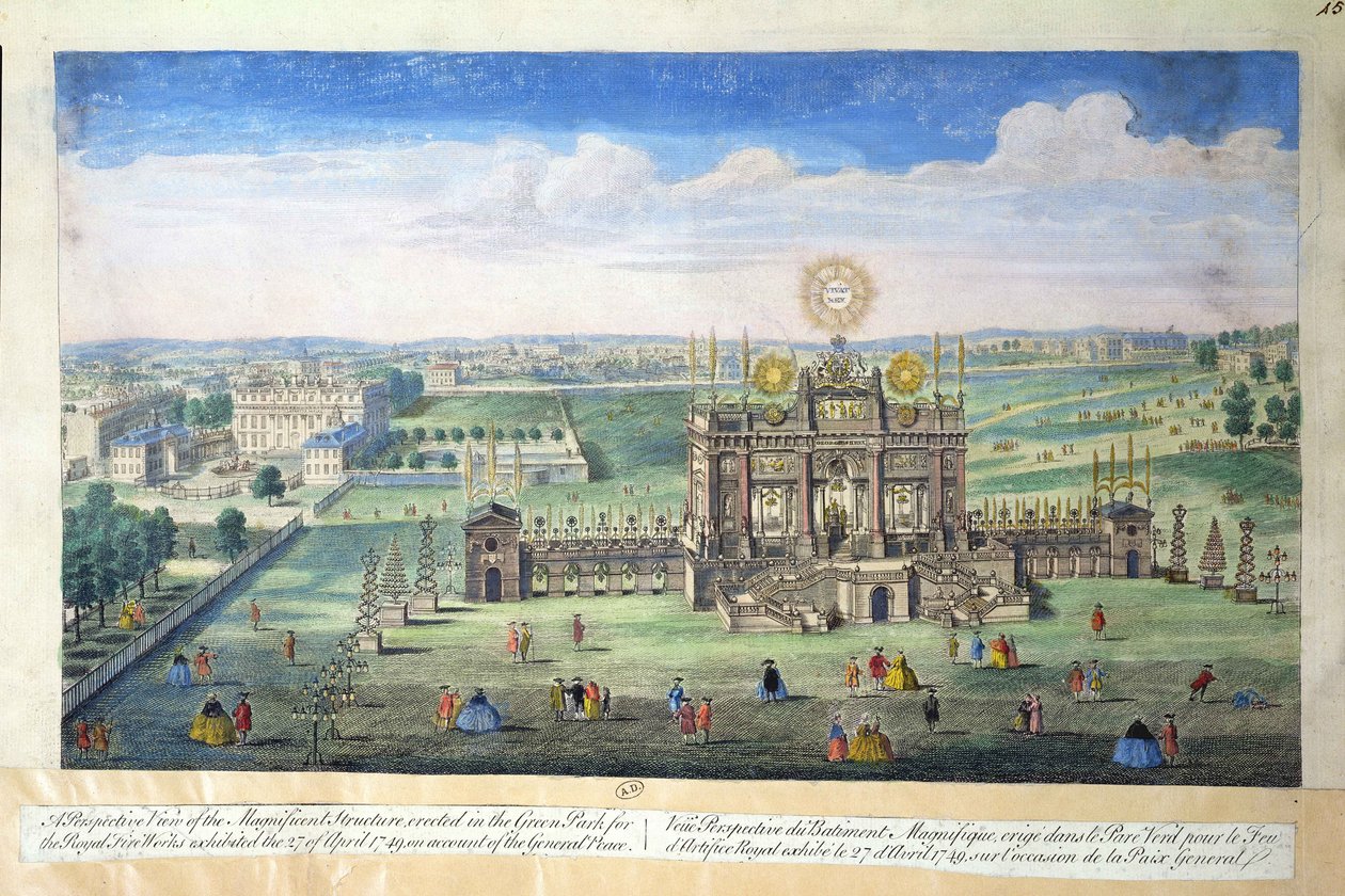 Et perspektivbilde av den storslåtte strukturen reist i Green Park for Royal Fireworks, 1749 av English School