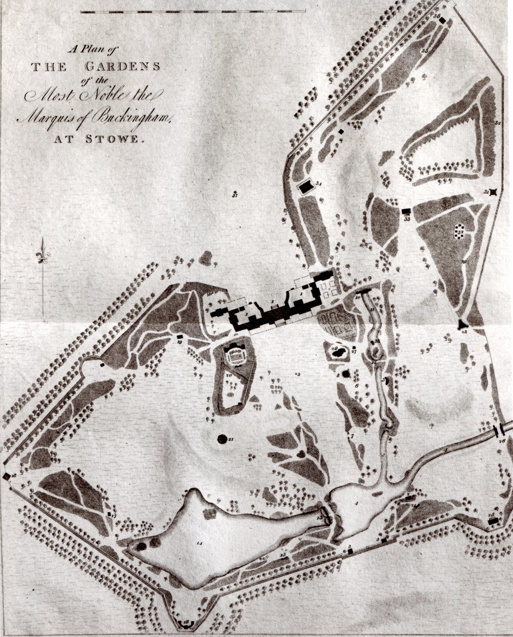 A Plan of the Gardens of the Most Noble Marquis of Buckingham at Stowe, fra Visitors Guide Book, utgitt i 1797 (se 140582 for Charles Bridgemans tidligere plan) av English School