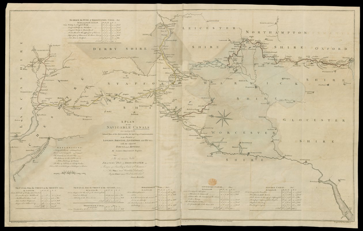 En plan for de seilbare kanalene som nå lages i de indre delene av kongeriket, ; for å åpne en kommunikasjon til havnene i London, Bristol, Liverpool og Hull, med de tilstøtende byene og elvene. / Av James Brindley Engineer. ; Tegnet av Rob.t Whitworth. ; av English School