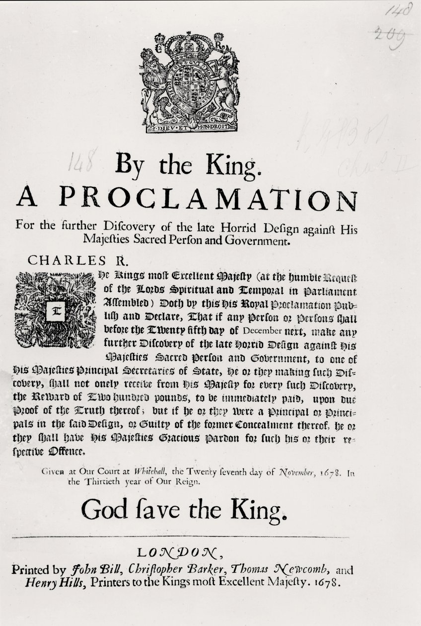 En erklæring fra kongen, for videre oppdagelse av den sene grufulle utformingen mot Hans Majesteter, hellig person og regjering, 27. november 1678 av English School