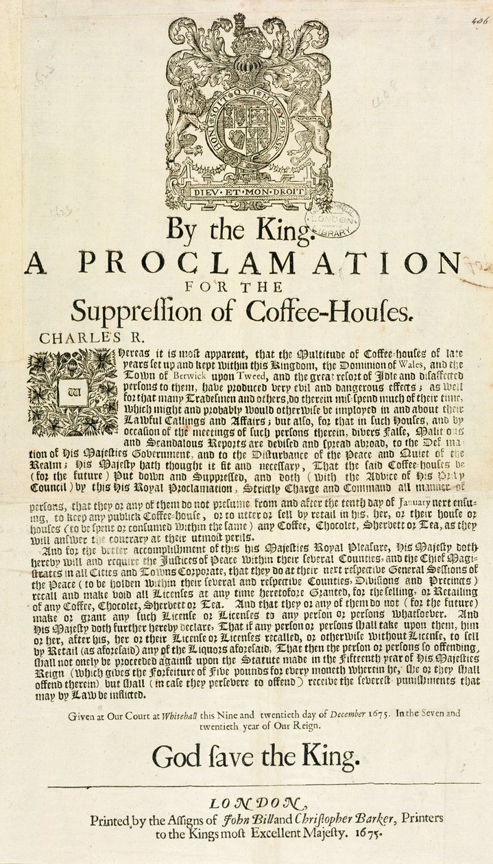 En erklæring av kongen, for undertrykkelse av kaffehus, 1675 av English School