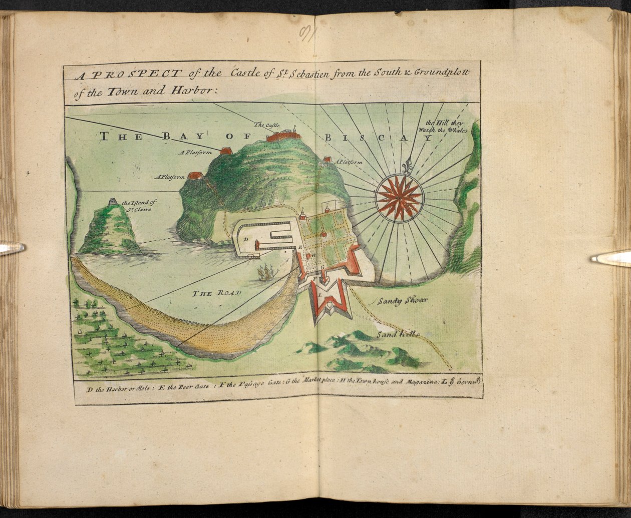 Et prospekt av Castle of St Sebastien fra Sør- og Groundplatt i byen og havnen av English School