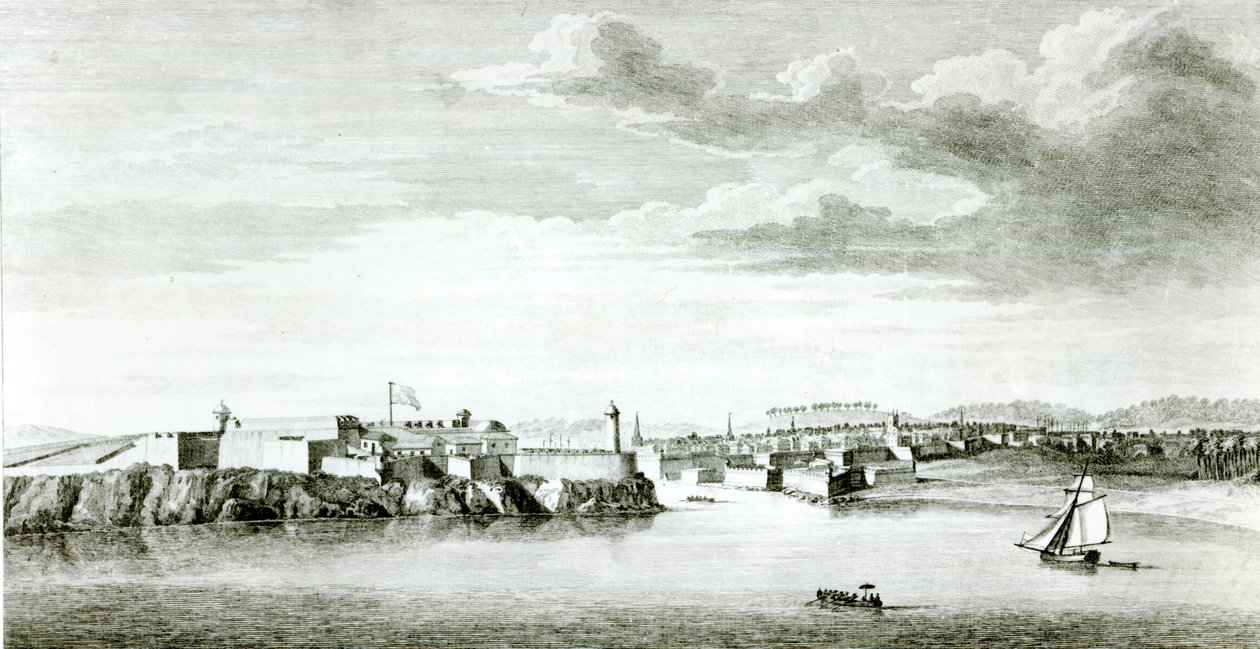 Et prospekt av Moro-slottet og byen Havana fra havet, gravert av Pierre Charles Canot fra en tegning av en offiser fra den britiske marinen, 1818 av English School