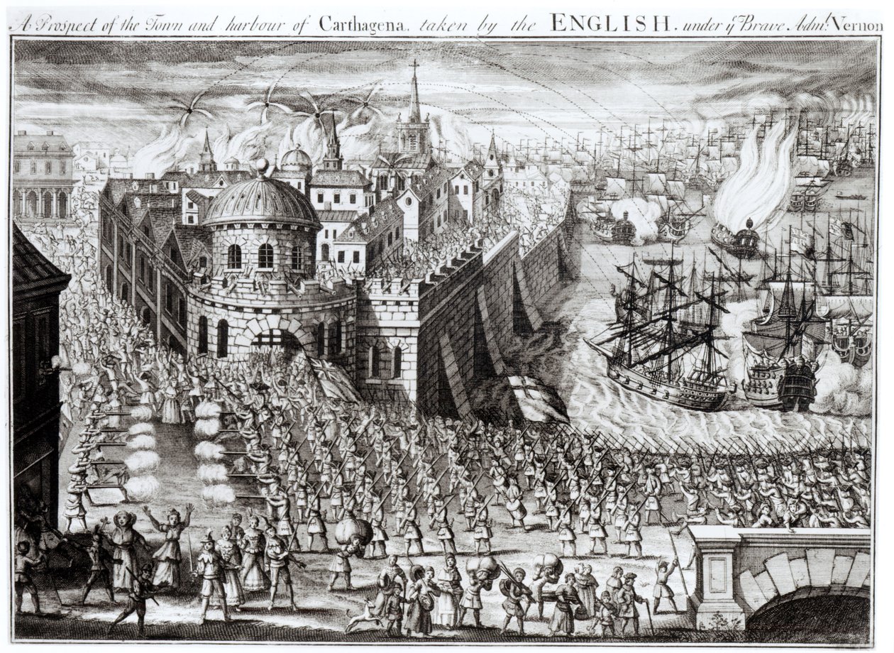 Et prospekt av byen og havnen i Carthagena, tatt av engelskmennene under den modige admiral Vernon, 1741 av English School
