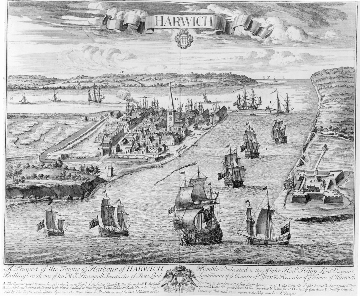 Et prospekt av Towne og Harbour of Harwich av English School