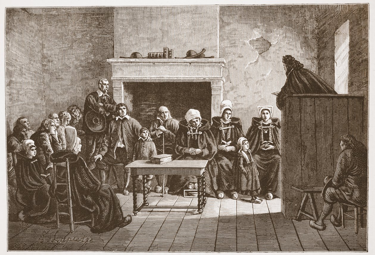 En protestantisk pastor som taler til en hemmelig forsamling av hugenotter, illustrasjon fra The History of Protestantism av James Aitken Wylie (1808-1890), pub. 1878 av English School